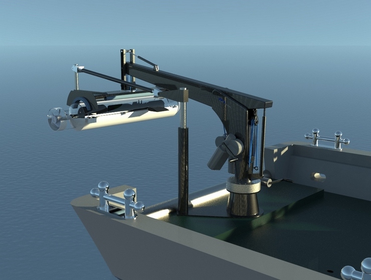 Carbon fiber davit with system for hauling and quick stowage of an underwater unit